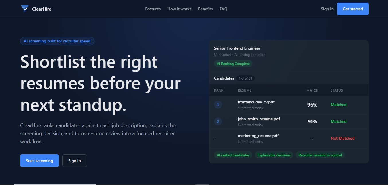 Screenshot of ClearHire — AI-Powered Resume Screening Platform dashboard UI